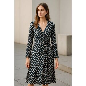 GANNI‎ Floral Wrap Midi Dress 36 S Navy Cream Long Sleeve V-Neck Tie Waist